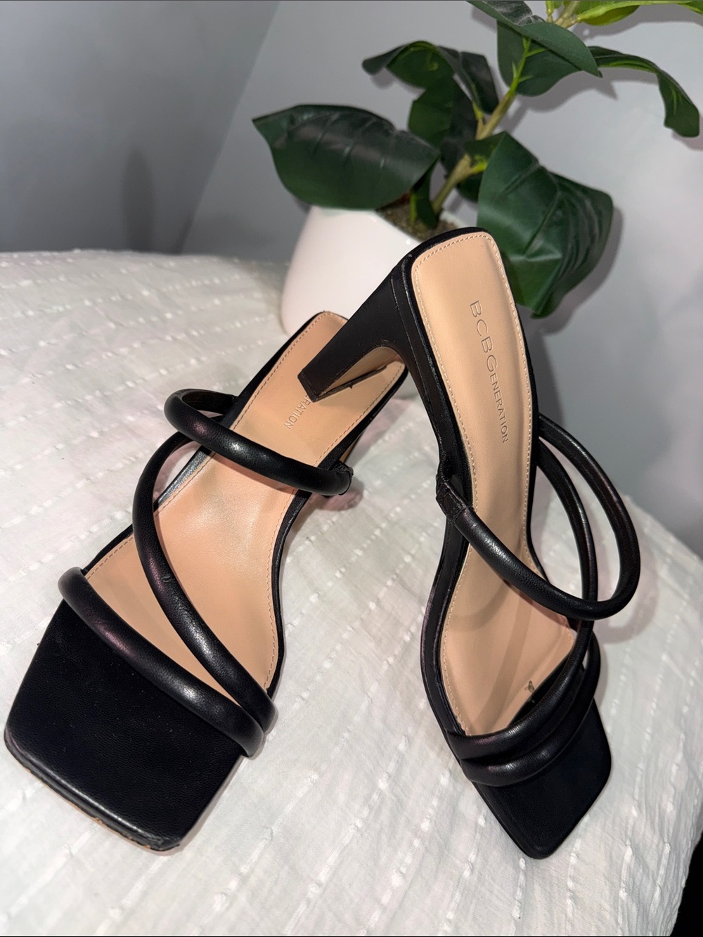 BCBGeneration Black Triple-Strap Square-Toe Heeled Sandals